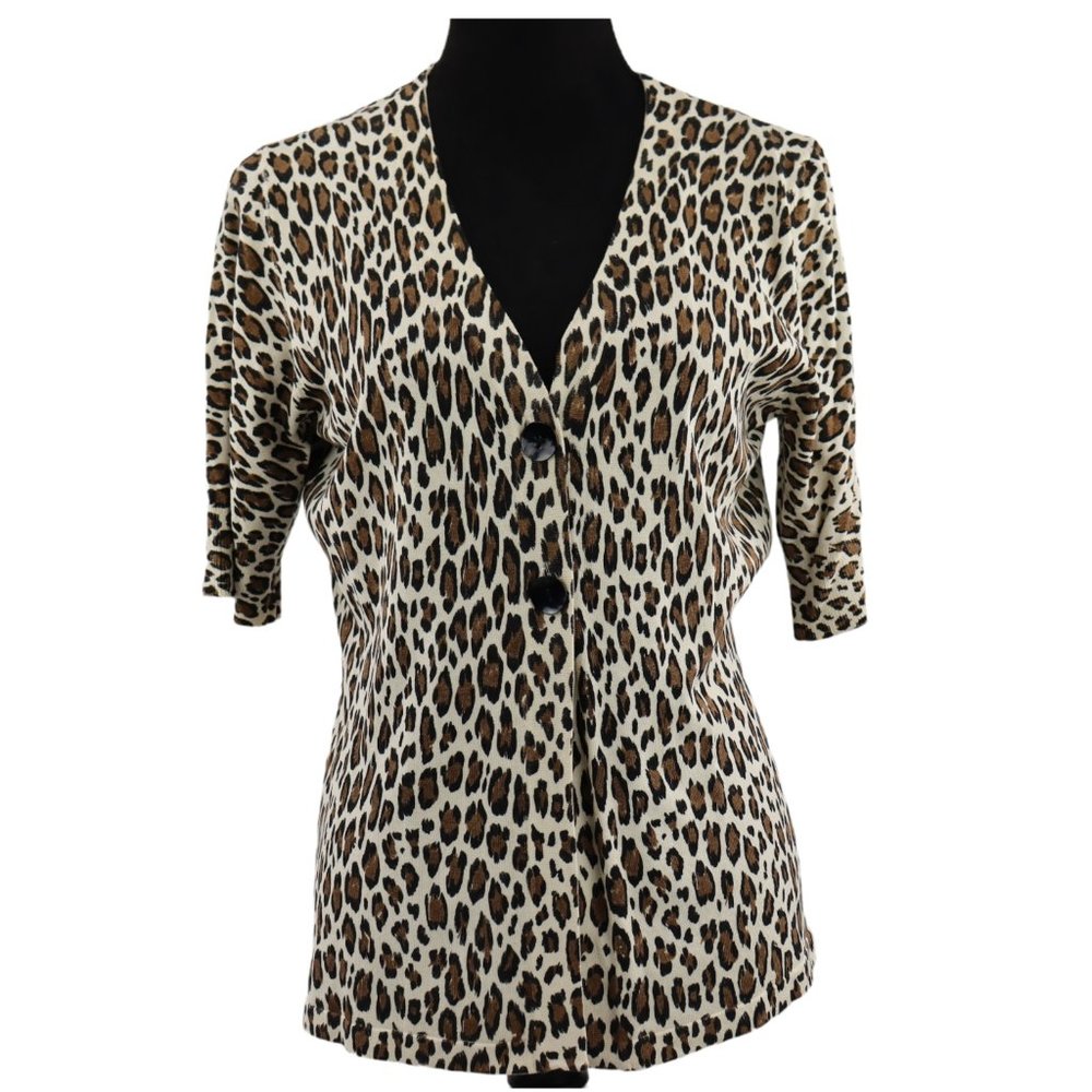 Chico's Woman Brown Leopard Print V-Neck Two Button Cardigan Sweater Size 1